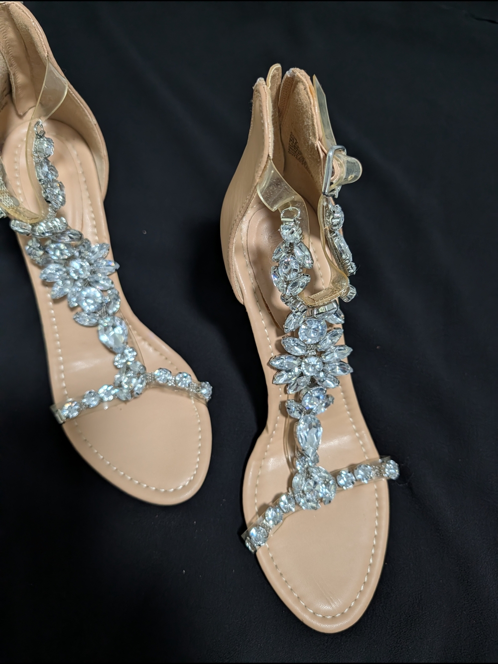 JustFab Nude T-Strap Sandals with Crystal Embellishments